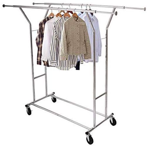 Cypress Shop Cloth Hanger Garment Rail Bar Rack Heavy Duty Clothing Rolling Hanging Bar Adjustable Heavy Duty Commercial Clothes Hanger Laundry Dryer Trolley Cart (Double Bar - 1)