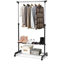 GOFLAME Garment Rack Adjustable for Hanging Clothes, Height Adjustable Clothing Hanging Rack with Wheels, 2-Layer Shoe Rack for Extra Storage, Portable and Heavy Duty for Balcony Bathroom