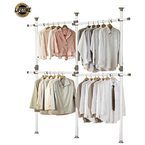 PRINCE HANGER, One Touch Double 2 Tier Adjustable Hanger, Holds 80kg(176LB) per Horizontal bar, Clothing Rack, Closet Organizer,38mm Vertical Pole, Heavy Duty, Garment Rack, PHUS-0033, Made in Korea