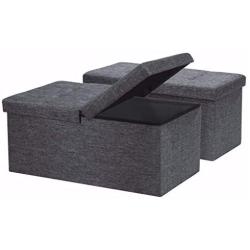 Otto & Ben [2pc Set] Folding Toy Boxes Chest with SMART LIFT Top, Linen Fabric Ottomans Bench Foot Rest for Bedroom, Dark Grey