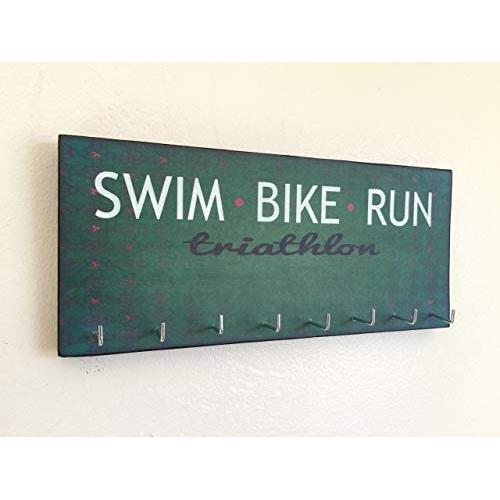 Race Medal Holder/Running Medal Hanger - SWIM BIKE RUN TRIATHLON. Wood Wall Mounted Medal Organizer
