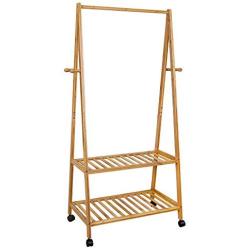 SONGMICS Clothes Rack on Wheels, Rolling Garment Rack with 2-Tier Storage Shelves, Hall Tree with 4 Coat Hooks for Shoes, Clothing, Bamboo URCR52N