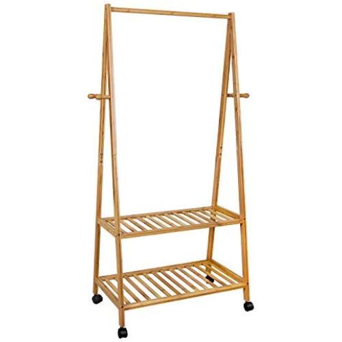 SONGMICS Clothes Rack on Wheels, Rolling Garment Rack with 2-Tier Storage Shelves, Hall Tree with 4 Coat Hooks for Shoes, Clothing, Bamboo URCR52N