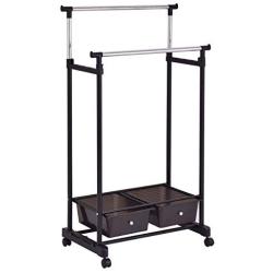 FDInspiration Functional Rolling Adjustable Clothes Garment Rack Double Rod Hanger Organizer w/ 2 Drawers with Ebook