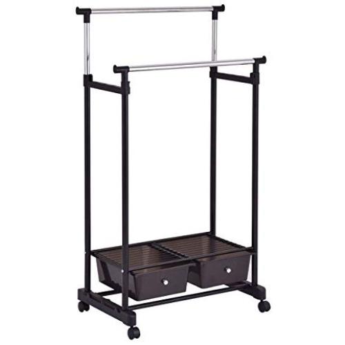 FDInspiration Functional Rolling Adjustable Clothes Garment Rack Double Rod Hanger Organizer w/ 2 Drawers with Ebook