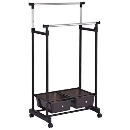 FDInspiration Functional Rolling Adjustable Clothes Garment Rack Double Rod Hanger Organizer w/ 2 Drawers with Ebook