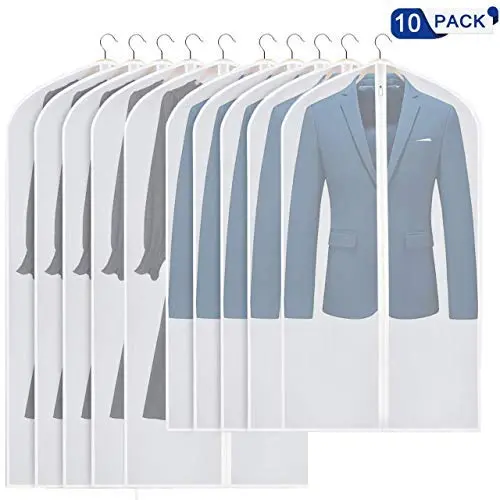 Garment Bags, 10 Pack Translucent Clothes Dust Cover, Breathable Full Zipper Hanging Dress Bag Washable Lightweight Moth-Proof Garment Cover Bags for Closet Storage and Travel (24" x 40" /47)