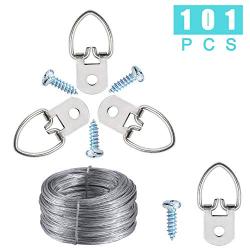 Picture Hangers,50 Pack Heavy Duty D-Ring Picture Frame Hanging Kits with 50 Pack Screws,10 Feet Steel Wire for Hanging Clock Paintings Artwork Picture Frame Hook Photos Mirrors