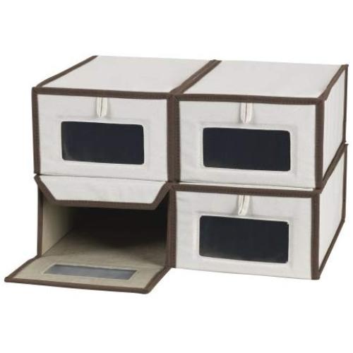 Household Essentials Set of Four Small Shoe Storage Boxes, Natural Canvas with Brown Trim