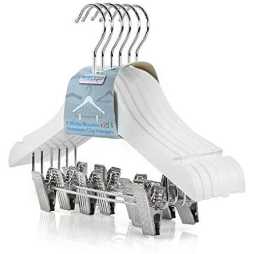 HANGERWORLD 12 White Wooden 11.8inch Kids Notched Coat Clothes Garment Hangers Non Slip Adjustable Clips