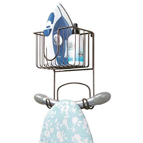 mDesign Wall Mount Metal Ironing Board Holder with Small Storage Basket - Holds Iron, Board, Spray Bottles, Starch, Fabric Refresher for Laundry Rooms - Bronze mDesign Wall Mount Metal Ironing Board Holder with Small Storage Basket - Holds Iron, Board, Spray Bottles, Starch, Fabric Refresher for Laundry Rooms - Bronze