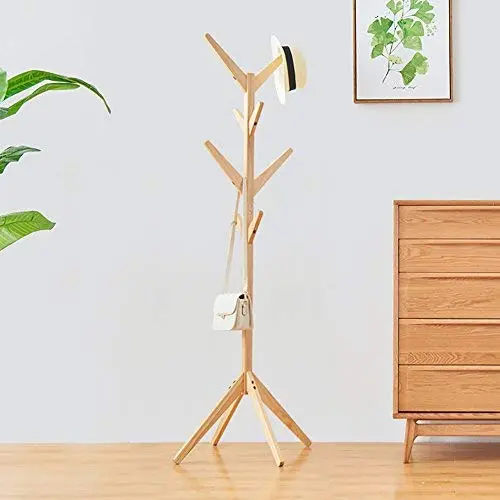 LFF-Coat Rack LFF- Simple Modern European Style Four Corner Base Assembly Solid Wood Hangers Landing Simple Clothes Shelf Home Bedroom 4545175cm (Color : Natural color)