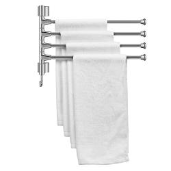 Flexzion Bath Towel Rack Shelf, 4-Bar Swing Out Folding Arm & Shower Hook, 14in Wall Mounted Adjustable Swivel Hanging Rail, Bathroom Hanger Set, Brushed Chrome Drying Holder for Washcloth, Bathing