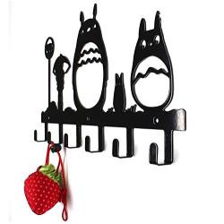 Animal Cat Girl Metal Wall Mounted Bag Hanger,6 Hooks Storage Rack Originality Clothing Hooks Sweet Black(Cute Totoro)