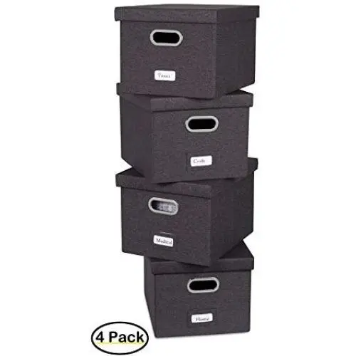 Internets Best Collapsible File Storage Organizer - Decorative Linen Filing & Storage Office Boxes - Letter/Legal - Charcoal - 4 Pack