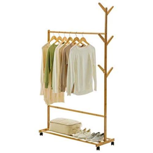 A- Coat Rack Hanger Wooden Stand 6 Hooks Clothes with Wheels Tree Hat Coat Rail Stand Shoe Rack Clothes Jacket Storage Hanger Organiser (Size : 7037180CM)