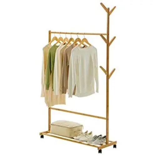 A- Coat Rack Hanger Wooden Stand 6 Hooks Clothes with Wheels Tree Hat Coat Rail Stand Shoe Rack Clothes Jacket Storage Hanger Organiser (Size : 7037180CM)