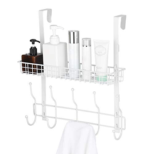 Coat Rack Over the Door Hook 5 Hooks Door Hanger with Detachable Storage Organizer and Metal Stainless Steel for Coats, Bags, Towels, Bathroom, Bedroom