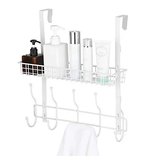 Coat Rack Over the Door Hook 5 Hooks Door Hanger with Detachable Storage Organizer and Metal Stainless Steel for Coats, Bags, Towels, Bathroom, Bedroom