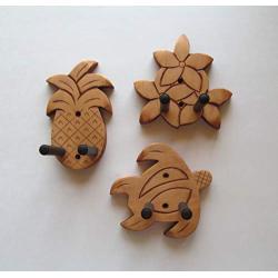 Ukulele Wall Mount Hangers, Hand Carved Pineapple, Plumeria, Honu, 3 Pack