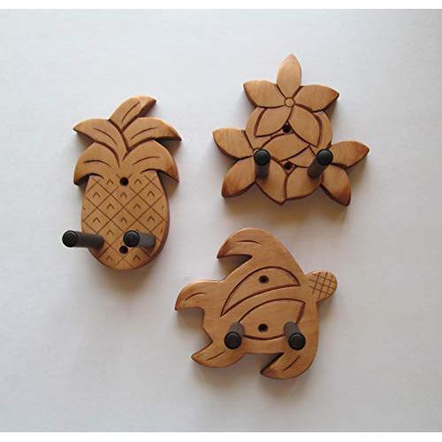 Ukulele Wall Mount Hangers, Hand Carved Pineapple, Plumeria, Honu, 3 Pack