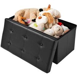 Sinoluck Storage Ottoman Bench Folding Toy Chest, 30" Faux Leather Footrest Storage Organizer Boxes for Bedroom, Living Room, Hallway (Black)