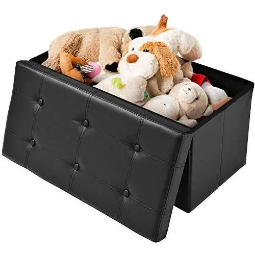 Sinoluck Storage Ottoman Bench Folding Toy Chest, 30" Faux Leather Footrest Storage Organizer Boxes for Bedroom, Living Room, Hallway (Black)