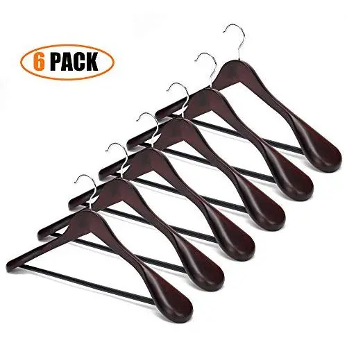 EAZONE Solid Wooden Extra-Wide Shoulder Suit Coat Hangers Wooden Coat Hangers with Non Slip Pants Bar and 360 Swivel Hook Retro Finish, 6-Pack