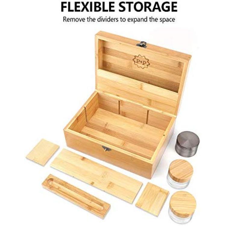 Stash Box with Accessories, Tray, 2 Airtight Jars, Bamboo Stash Box Combo  Kit, Premium Large Storage Box, Wooden Decorative Box Set, Removable