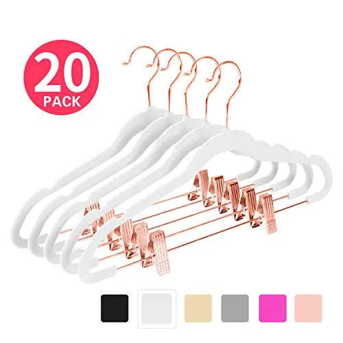 MIZGI Premium Velvet Pants Hangers with Clips (Pack of 20) Slim Skirt Hangers- Non Slip Felt Outfit Dress Hangers White - Copper/Rose Gold Hooks,Space Saving Shirt Clothes Hangers