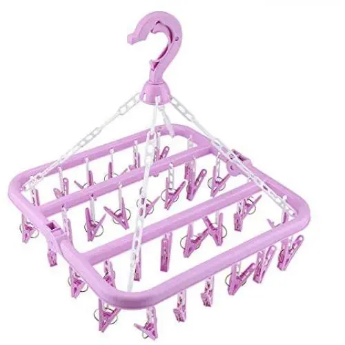 EBTOOLS 32 Clips Folding Drying Rack Portable Clothes Clip Hanger Dryer Windproof Socks Underwear Rotatable Children for Both Family and Travel Use(Purple)