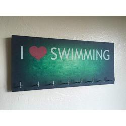 Race Medal Holder/Running Medal Hanger - I LOVE SWIMMING. Wood Wall Mounted Medal Organizer