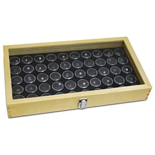 Mooca Wood Glass Top Jewelry Display Case, Wooden Jewelry Tray for Collectibles, Home Organization Storage Boxes with Black 50 Gem and Bead Storage Jars Mooca Wood Glass Top Jewelry Display Case, Wooden Jewelry Tray for Collectibles, Home Organization Storage Boxes with Black 50 Gem and Bead Storage Jars