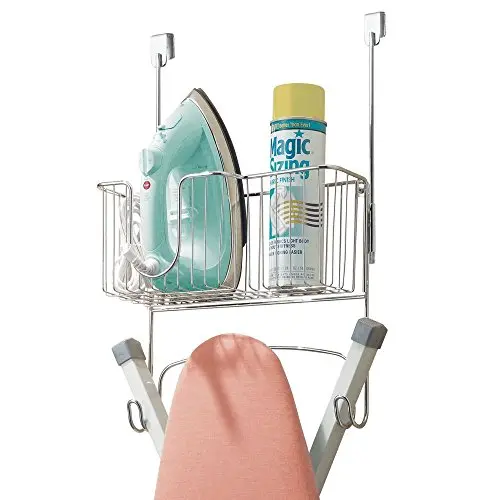 mDesign Ironing Board Holder with Large Storage Basket - Holds Iron, Board, Spray Bottles, Starch, Fabric Refresher Iron for Laundry Rooms ? Durable Steel, Chrome