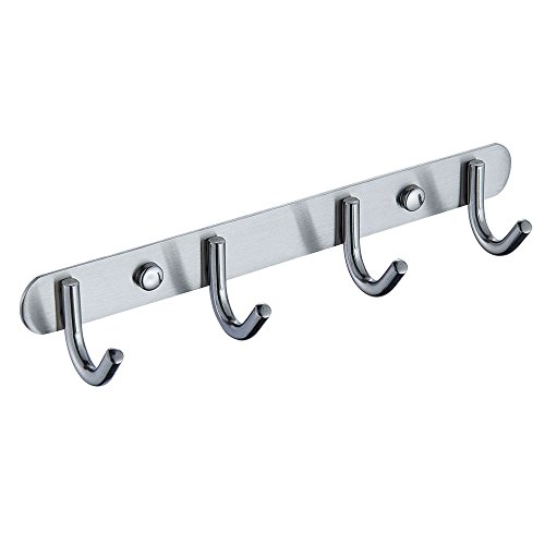 Mellewell Towel Hook Rail Coat Rack 10.7 inches with 4 Heavy Duty Hooks, Strong Bathroom Kitchen Organizer Wall Hanger Hooks, Brushed Stainless Steel, 08001HK04