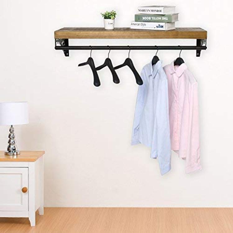 Wall Mounted Wood & Metal Floating Shelf w/Garment Hanger Rod, Decorative  Retail Clothing Rack, Brown