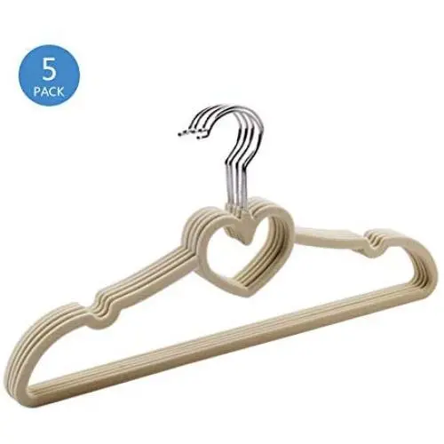 PeiQiH Home Velvet Clothes Hangers 5 Pack, Not-Slip Notched 360掳 Swivel Hook Ultra Thin Space Saving Standard Hangers for Coats Suit Pants-Beige 42x21cm