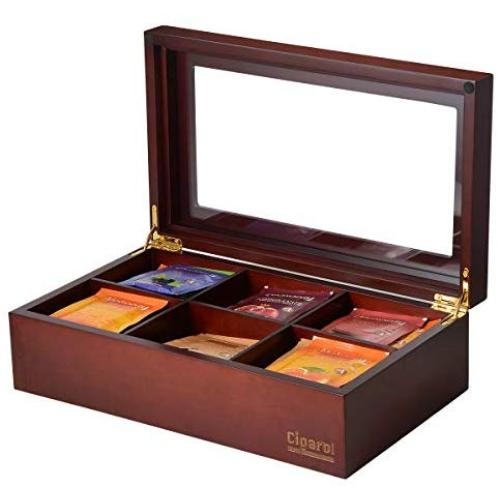 Volenx Tea Chest Box, Wooden Tea Boxes Storage Organizer with Dividers and Glass Window, Tea Boxes Holder 6 Compartment for Tea Bags