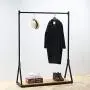 FURVOKIA Modern Simple Heavy Duty Metal Rolling Garment Rack,Retail Display Clothing Rack,Wrought Iron Single Rod Floor-Standing Hangers Clothes Shelves (Black Square Tube with Wood, 47.2 L)