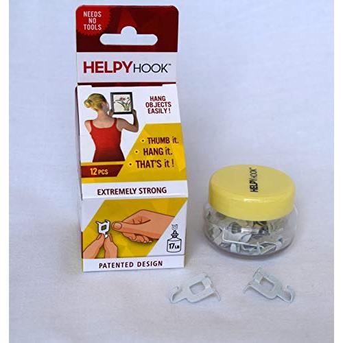 HELPYHOOK - Amazing - Tool Free Drywall Picture Hanger - no Tools, no Nails, no Hammer, no Adhesive - Hang up to 17 lbs - 12 Hooks in Container