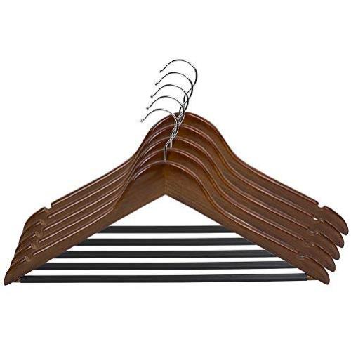 Home Basics 5 Pack Wooden Non-Slip Suit Hangers with Pants Bar ? Smooth Finish Solid Wood Coat Hanger 360° Swivel Hook and Cut Notches for Jacket, Pant, Dress Clothes Hangers (Oak)