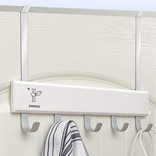 Over The Door Hanger - 5 Hook DIY Assembly Rack for Towels, Clothes, Coat, Jackets, Scarves, Bags Hanger in The Bathroom, Bedroom Door Storage (White Bamboo Wood)