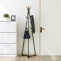 SONGMICS Coat Rack Stand, Coat Tree, Hall Tree Free Standing, with 9 Beech Wood Hooks, for Clothes, Hat, Bag, Black, Natural Grain URCR15BY