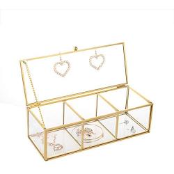 Feyarl Gold Glass Jewelry Trinket Boxes Storage Container Ring Earring Holder Clear Glass Decorative Boxes Beauty Display