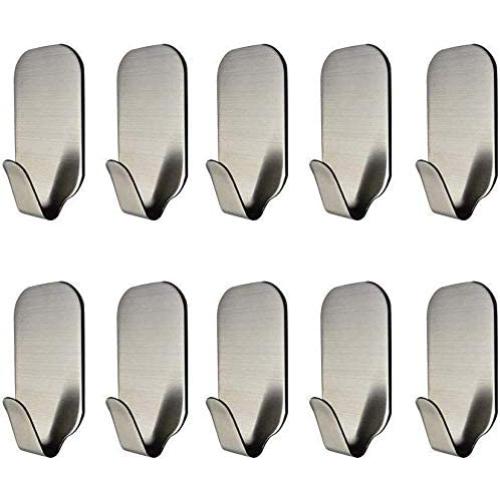 10 Pcs Adhesive Hook (Hold 8 lb Each) Heavy Duty 304 Stainless Steel Hanging for Bath Towel Coat Hat Hooks Kitchen Wall Storage Organizer