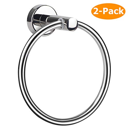 Towel Ring, Hand Towel Holder Ring Hanger for Bathroom Kitchen, Round Towel Rack Hook Rings with Wall Mounted Hardware, Silver Rustproof Polished 304 Stainless Steel (2 Pack, Drill Needed)