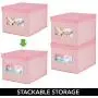 mDesign Decorative Soft Stackable Fabric Closet Storage Organizer Holder Boxes - Clear Window, Lid, for Child/Kids Room, Nursery - Large, Collapsible Foldable - Herringbone Print, 4 Pack - Pink