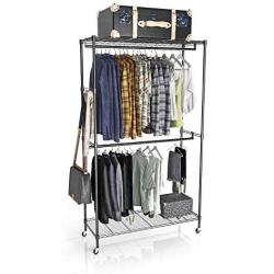 VIPEK 2 Tiers Wire Garment Rack Clothes Rack Portable Clothes Wardrobe Compact Wardrobe Storage Rack Organizer Hanger Bar Metal Clothing Shoe Rack with PP Wheels Side Hooks