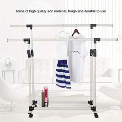 cuasen Portable Adjustable Garment Double Rails Rack Rolling Clothes Hanger Heavy Duty with Mesh Bottom Shelves for Boxes Shoes Storage