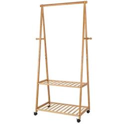 Homfa Bamboo Clothes Rack on Wheels Rolling Garment Rack with 2-Tier Storage Shelves and 4 Coat Hooks for Shoes, Clothing